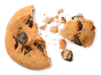 Pieces of delicious chocolate chip cookie isolated on white, top view