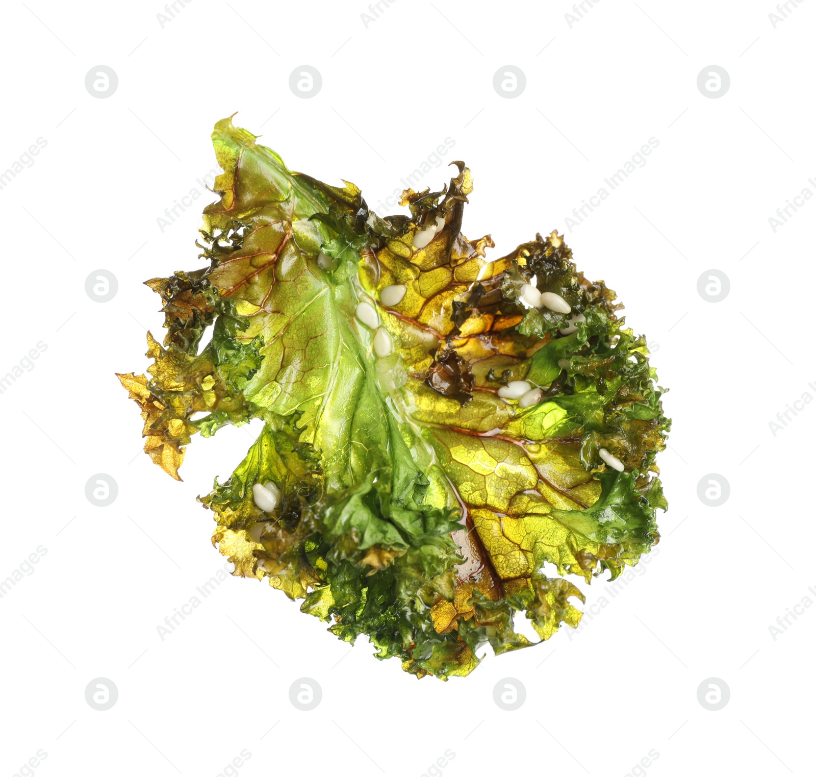 Photo of Tasty baked kale chip isolated on white