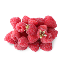 Photo of Pile of fresh ripe raspberries isolated on white, top view