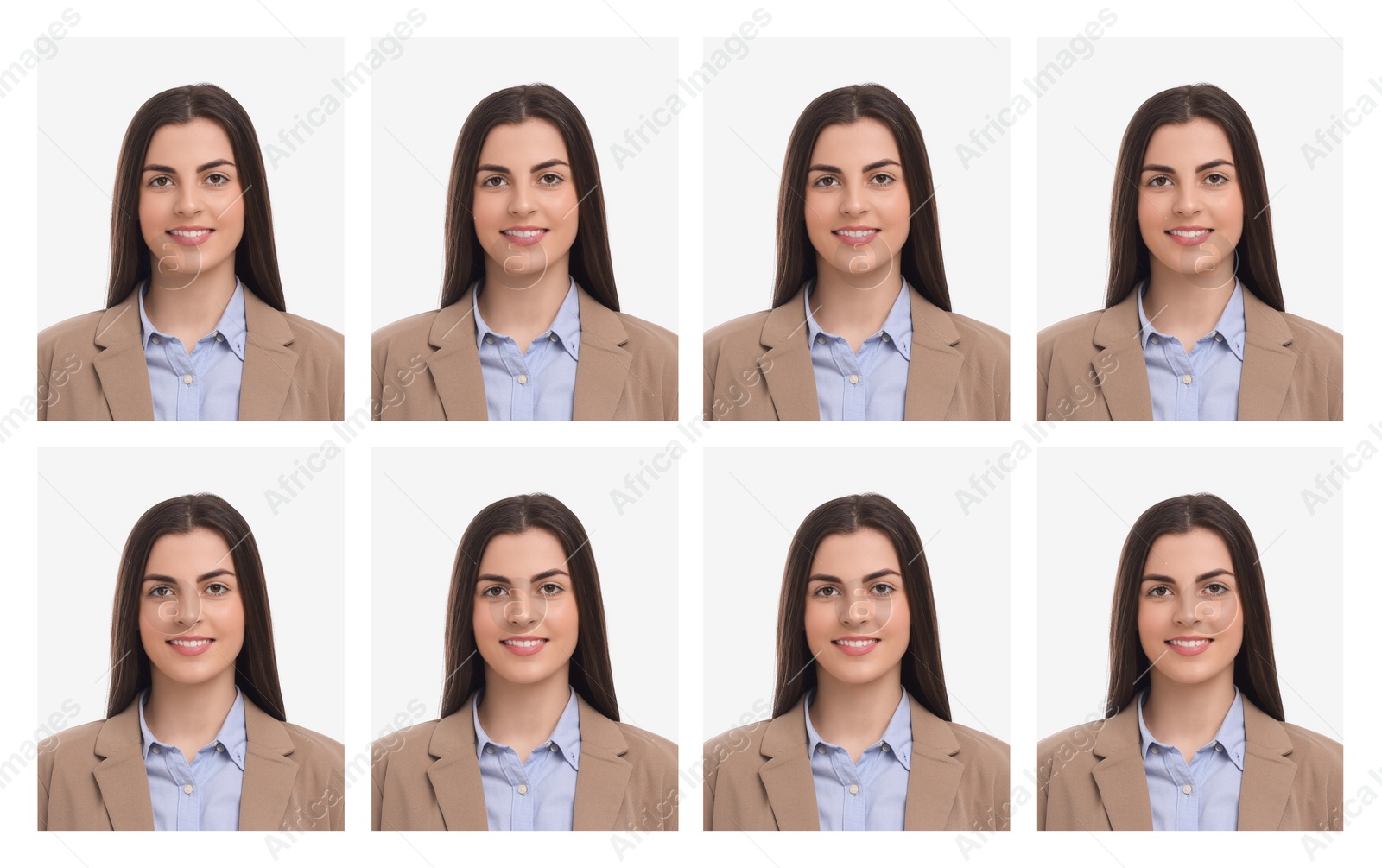 Image of Passport photo, collage. Woman on white background, set of photos