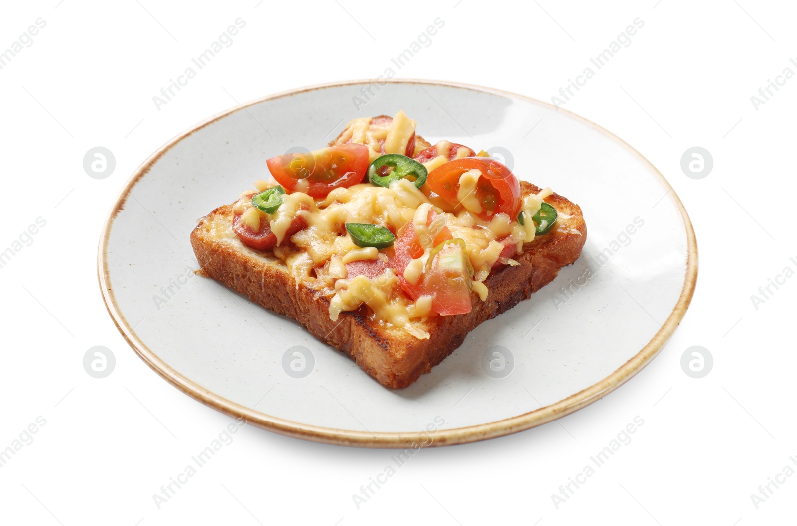 Photo of Plate with tasty pizza toast isolated on white