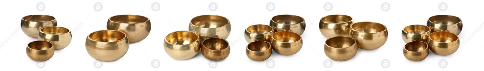 Image of Set with Tibetan singing bowls on white background. Banner design