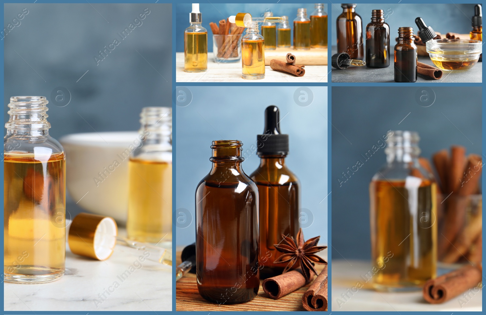 Image of Collage of different photos with essential oils and cinnamon sticks