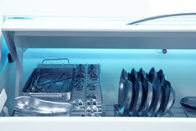 Ultraviolet sterilizer with ENT medical instruments, closeup view