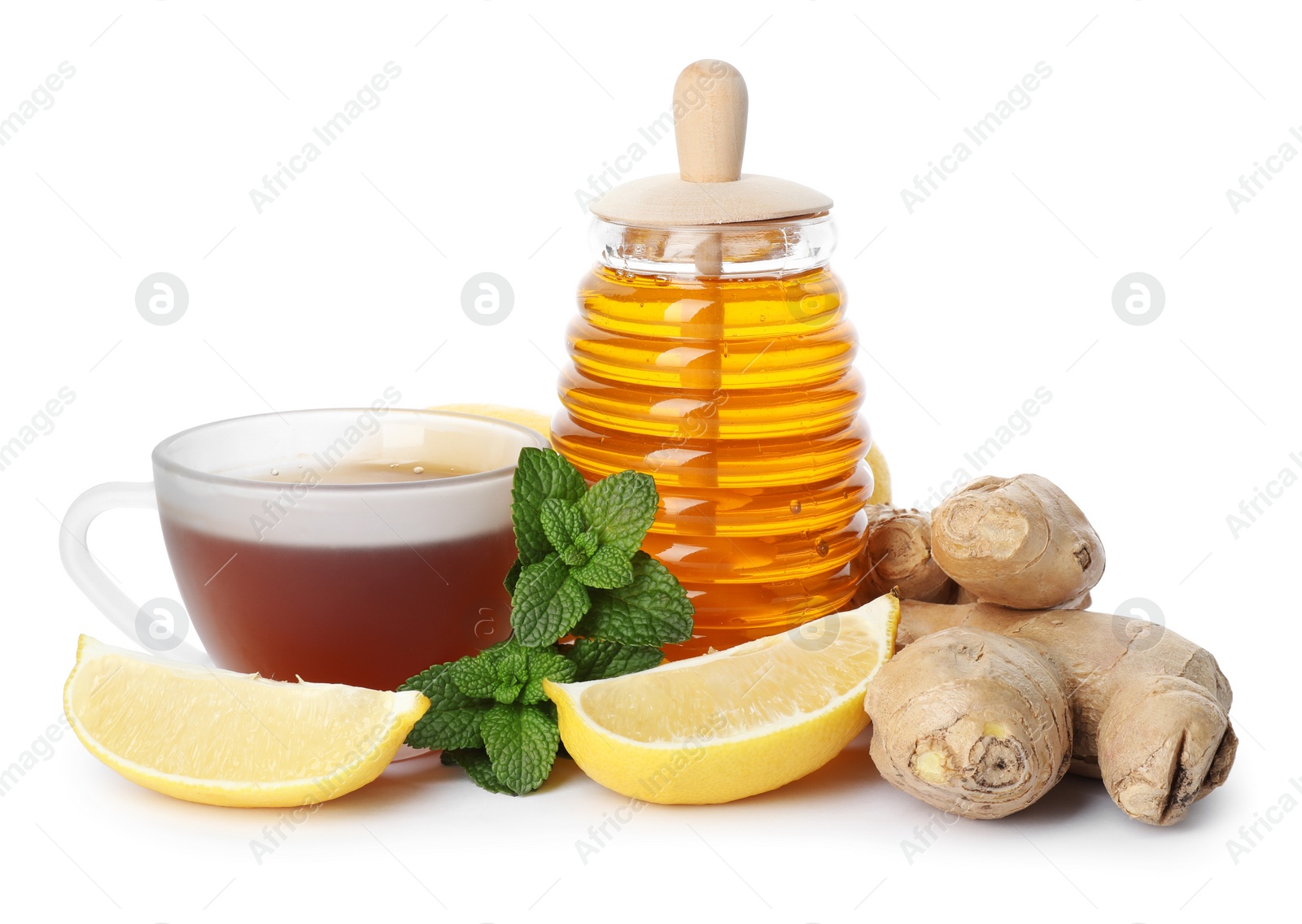 Photo of Jar with honey, cup of tea, ginger, mint and lemon on white background. Cough remedies
