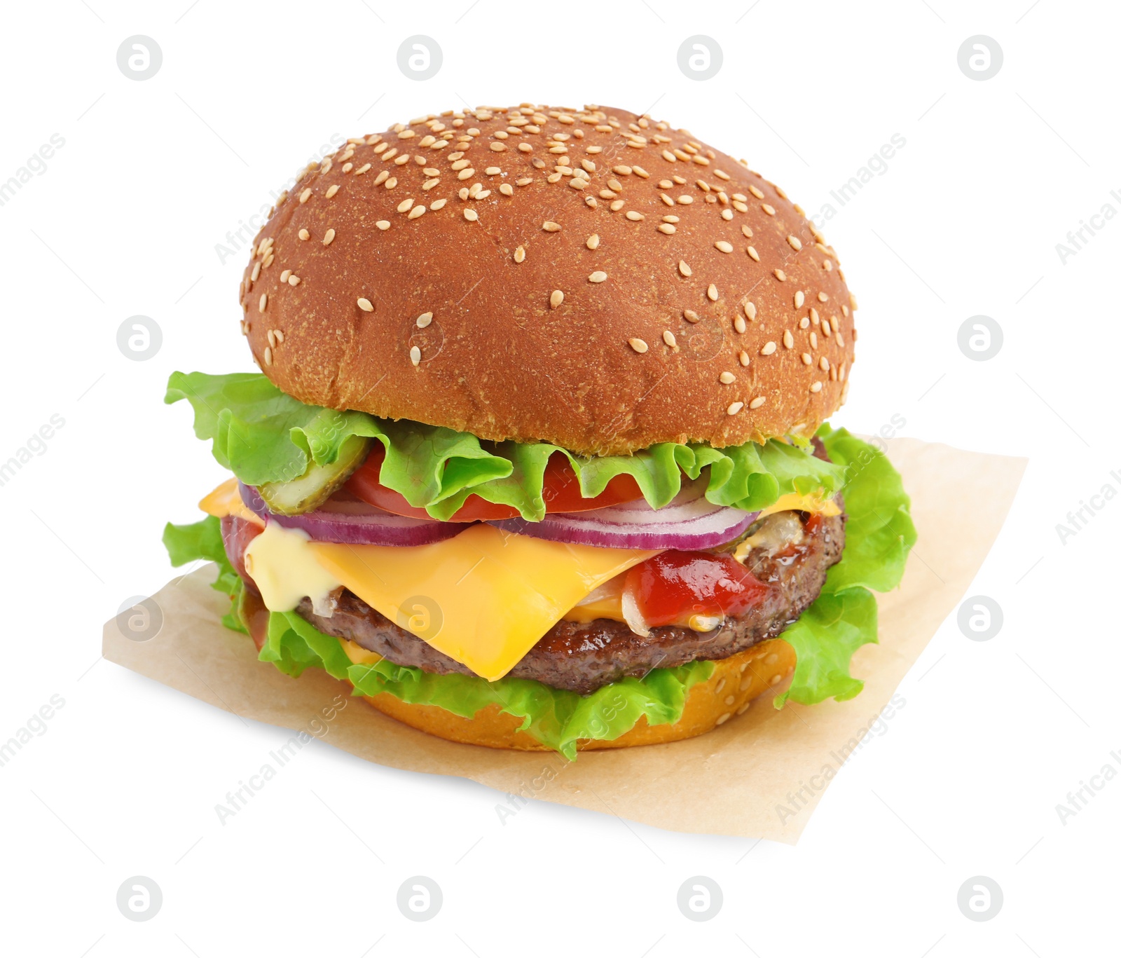 Photo of Delicious burger with beef patty and lettuce isolated on white