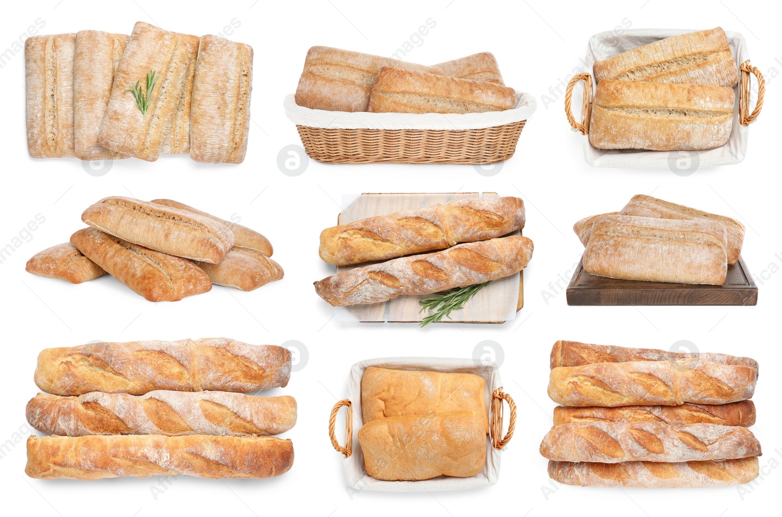 Image of Set with fresh delicious ciabattas and baguettes on white background 