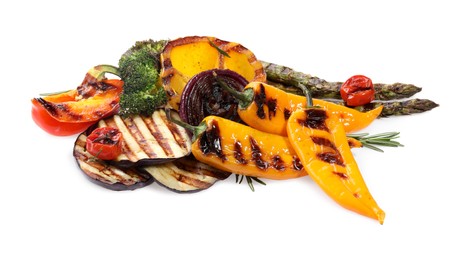 Photo of Different delicious grilled vegetables isolated on white