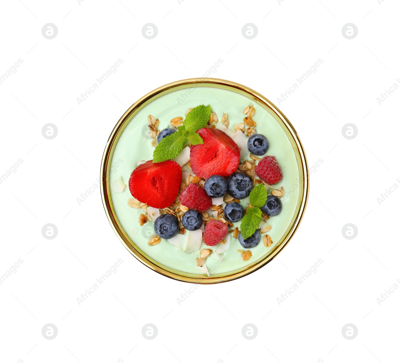 Photo of Tasty matcha smoothie bowl served with berries and oatmeal isolated on white, top view. Healthy breakfast