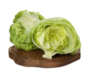 Photo of Whole and cut fresh green iceberg lettuces isolated on white