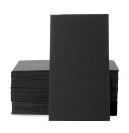 Photo of Many blank black business cards isolated on white. Mockup for design