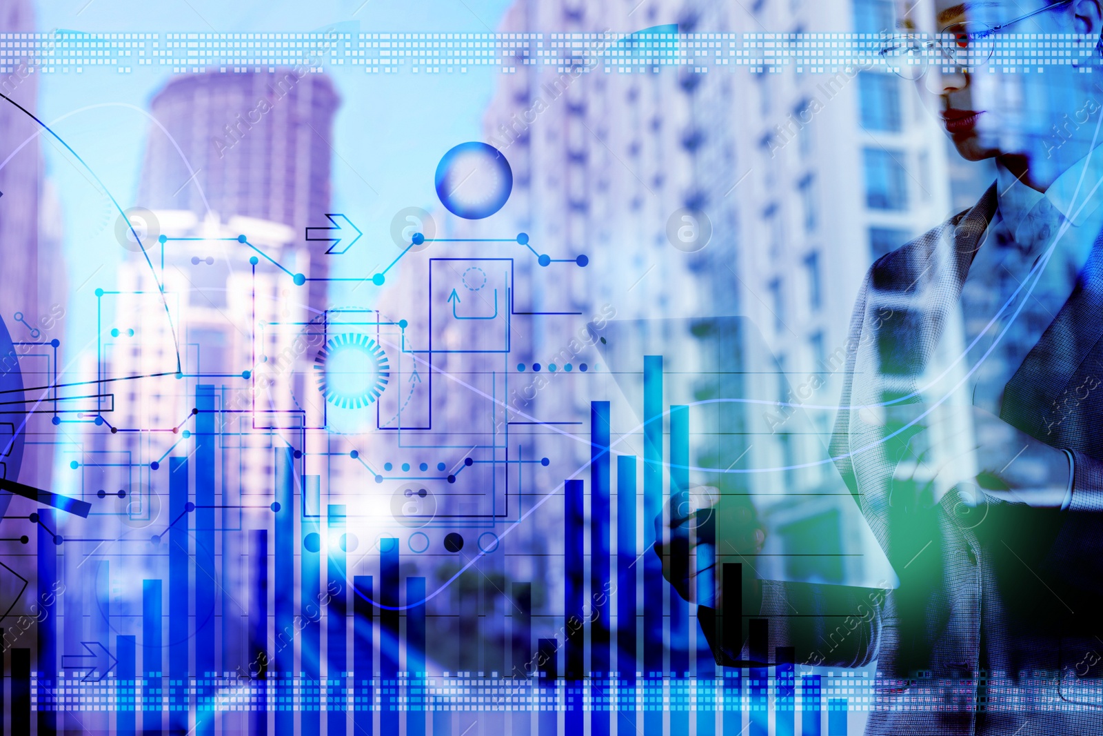 Image of Forex trading. Charts with schemes against woman and city on background