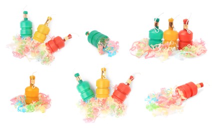 Image of Collage with party poppers isolated on white