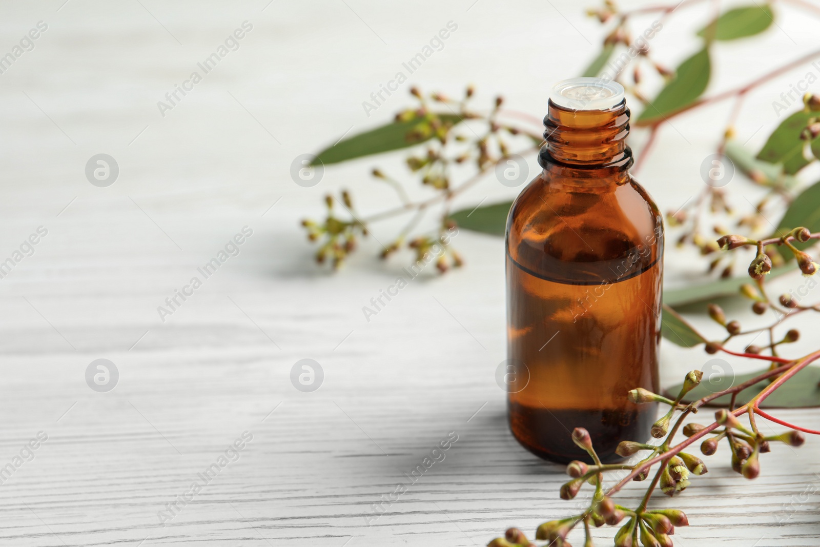 Photo of Bottle of eucalyptus essential oil and leaves on white wooden table. Space for text