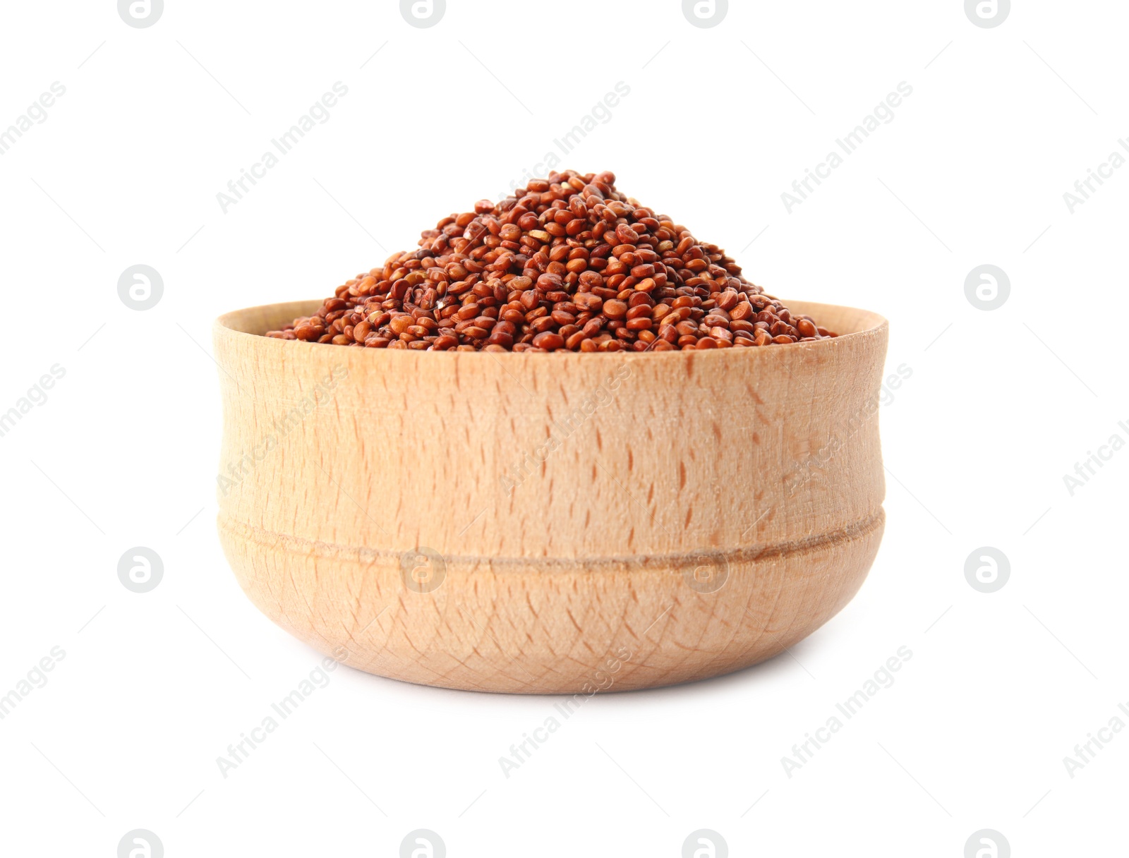 Photo of Bowl with red quinoa on white background