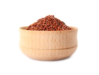 Photo of Bowl with red quinoa on white background