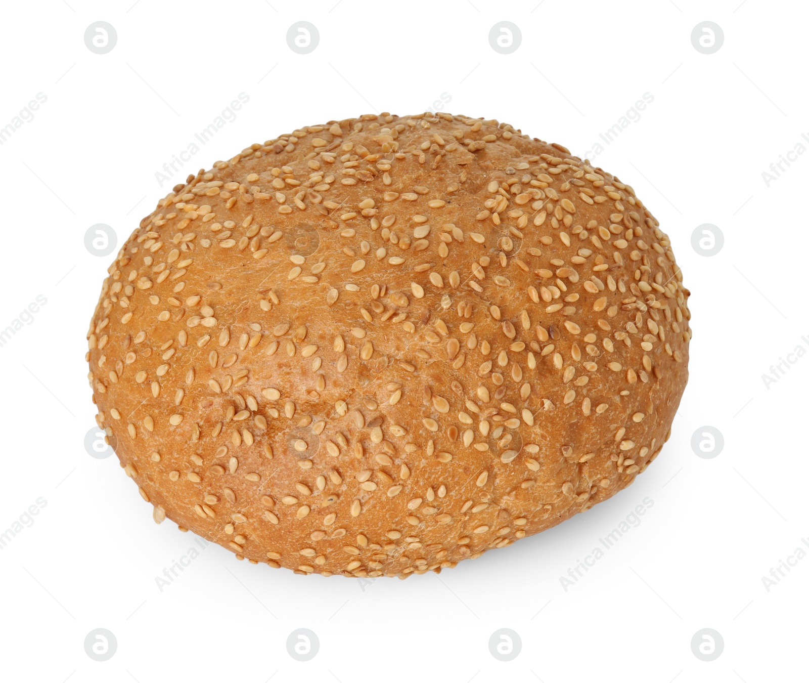 Photo of One fresh hamburger bun with sesame seeds isolated on white