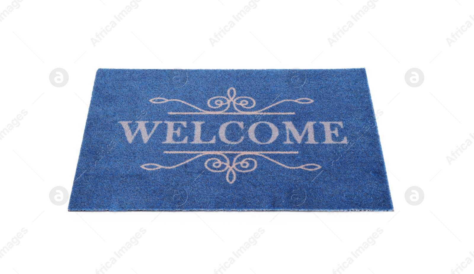 Photo of Blue doormat with word Welcome isolated on white