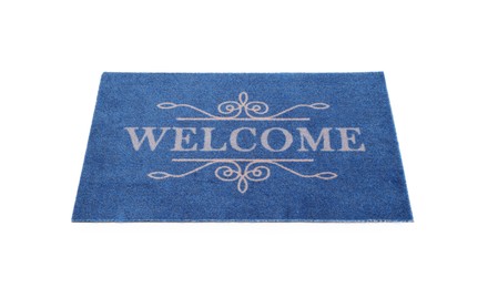 Photo of Blue doormat with word Welcome isolated on white