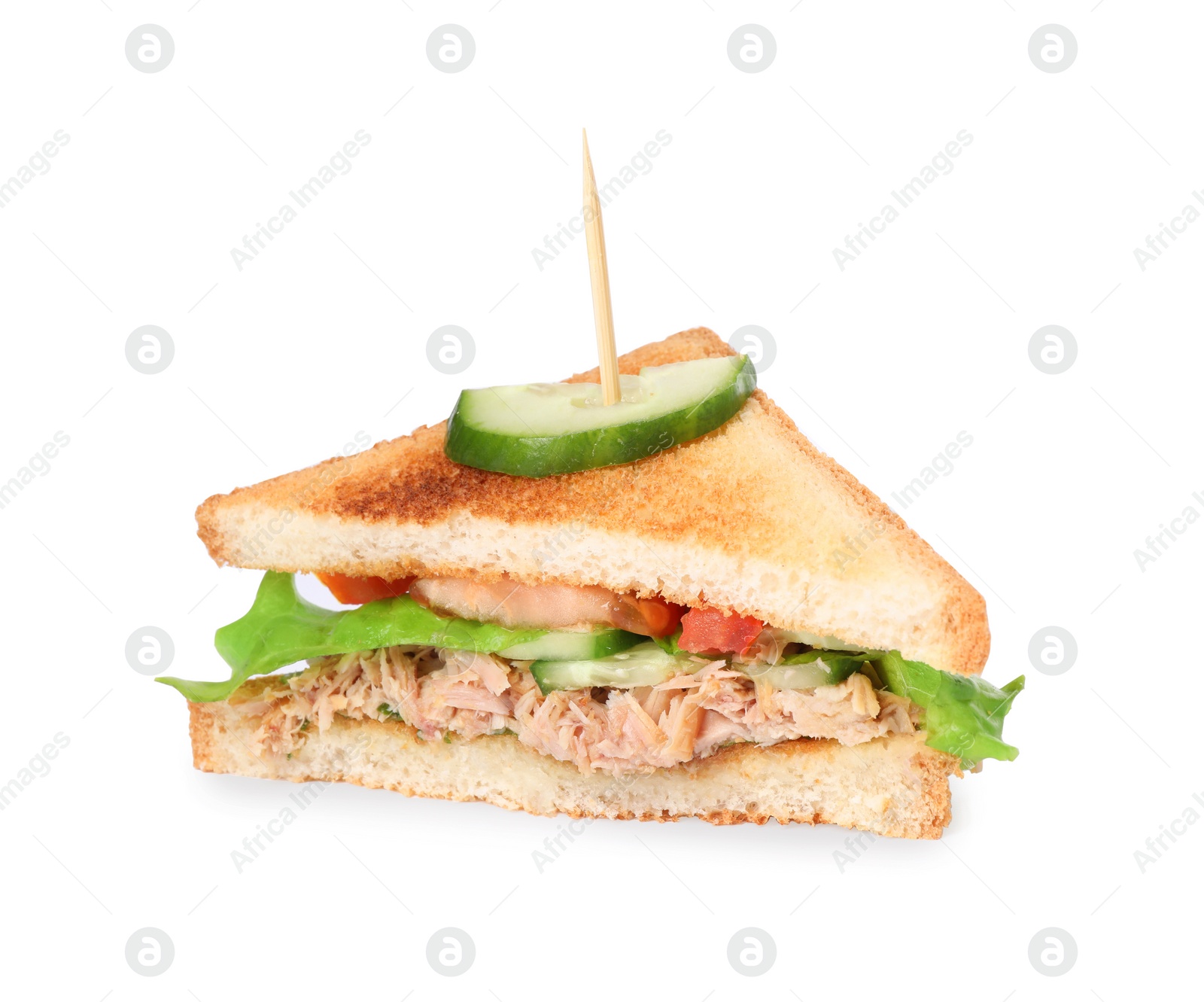 Photo of Delicious sandwich with tuna and vegetables on white background