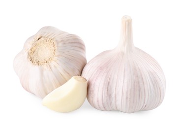 Photo of Heads of fresh garlic and clove isolated on white