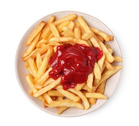 Photo of Bowl of tasty french fries with ketchup isolated on white, top view