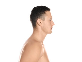 Portrait of handsome young man on white background