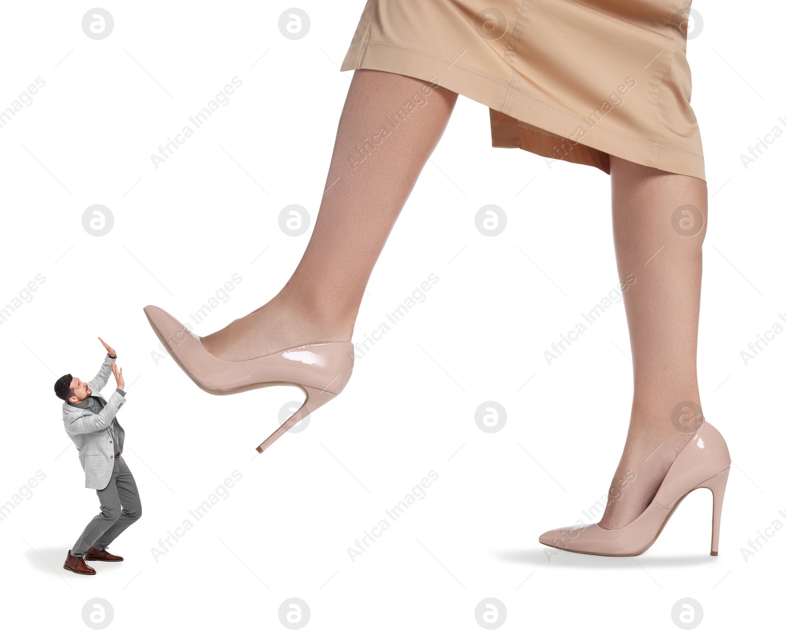 Image of Big woman stepping onto small man on white background