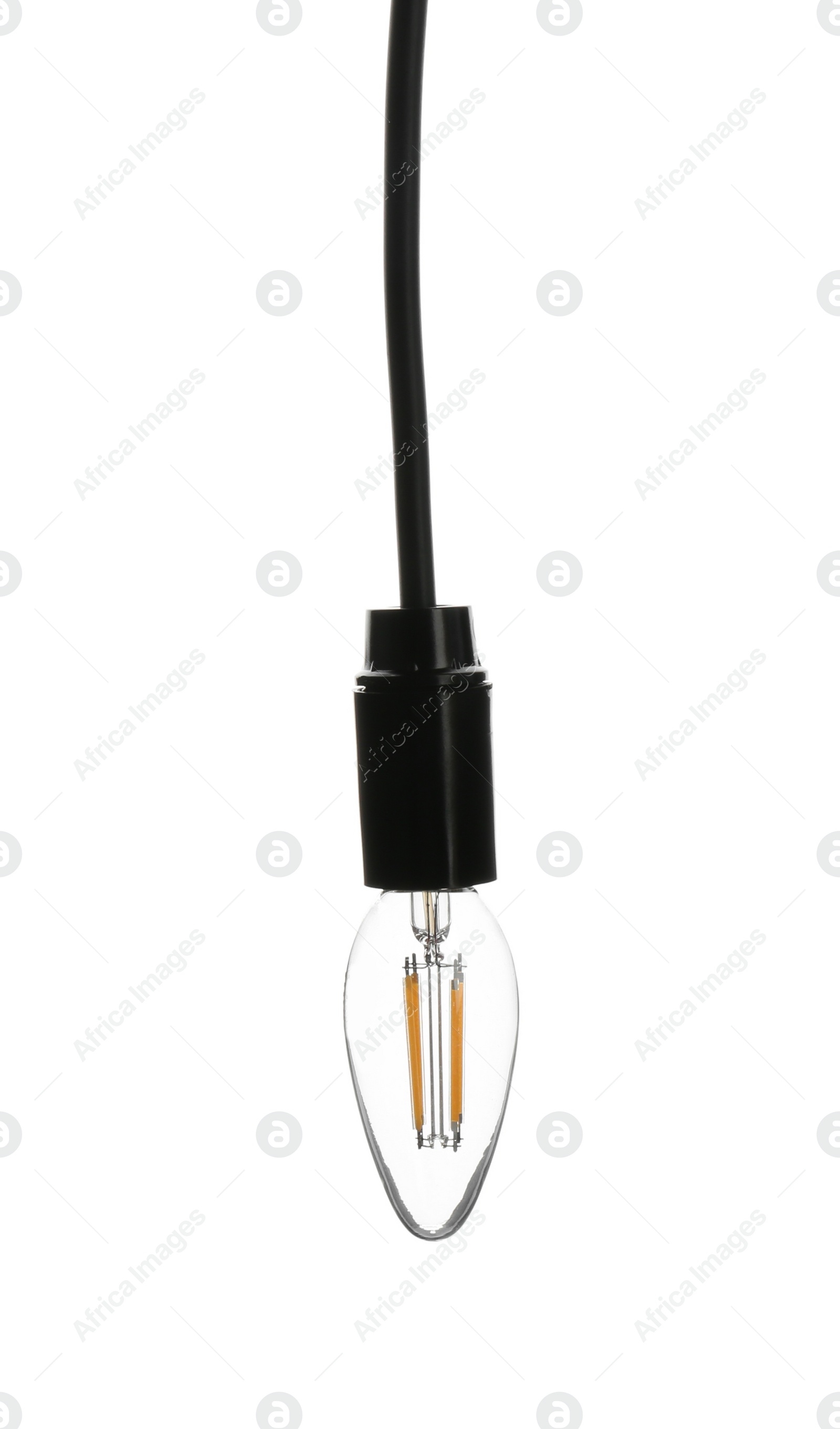 Photo of Hanging incandescent light bulb on white background. Modern lamp