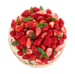 Photo of Tasty cake with fresh strawberries and mint isolated on white, top view