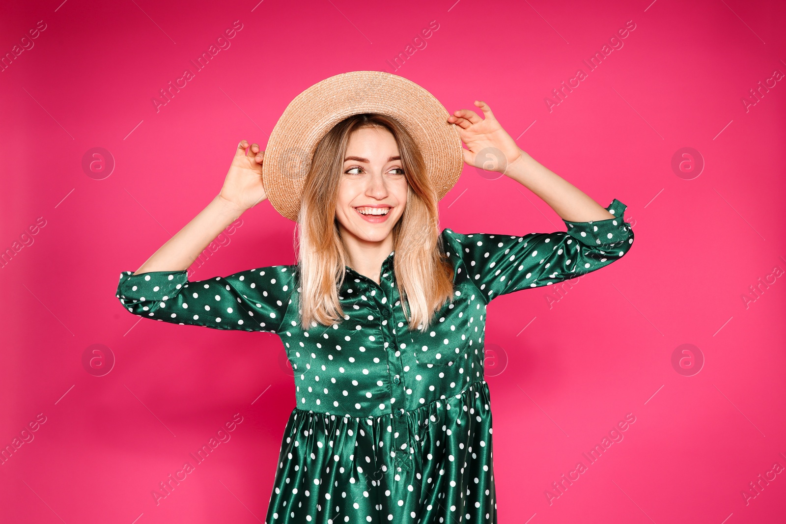 Photo of Portrait of pretty woman on color background