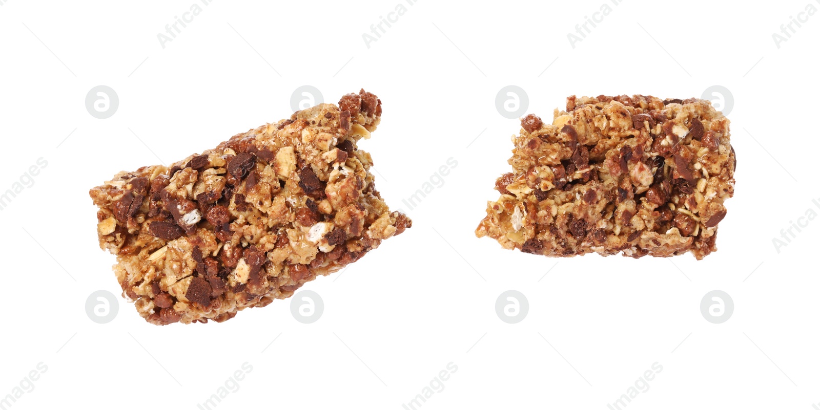 Photo of Pieces of tasty granola bar isolated on white