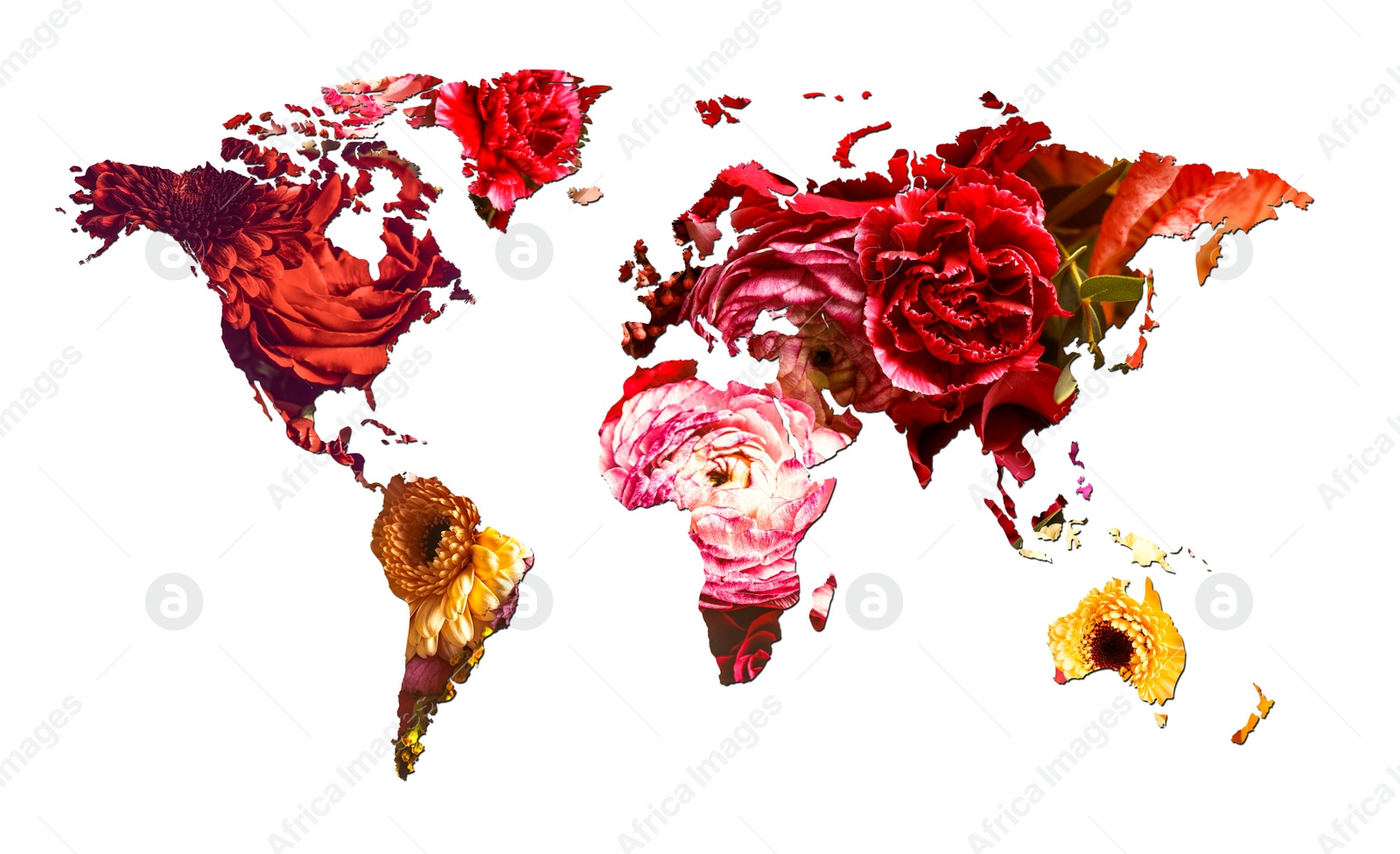 Image of World map made of beautiful flowers on white background, banner design