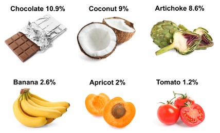 Image of Set with different products rich in fiber on white background