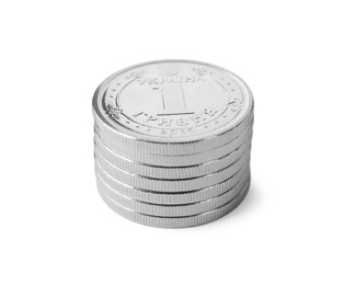 Photo of Ukrainian coins isolated on white. National currency