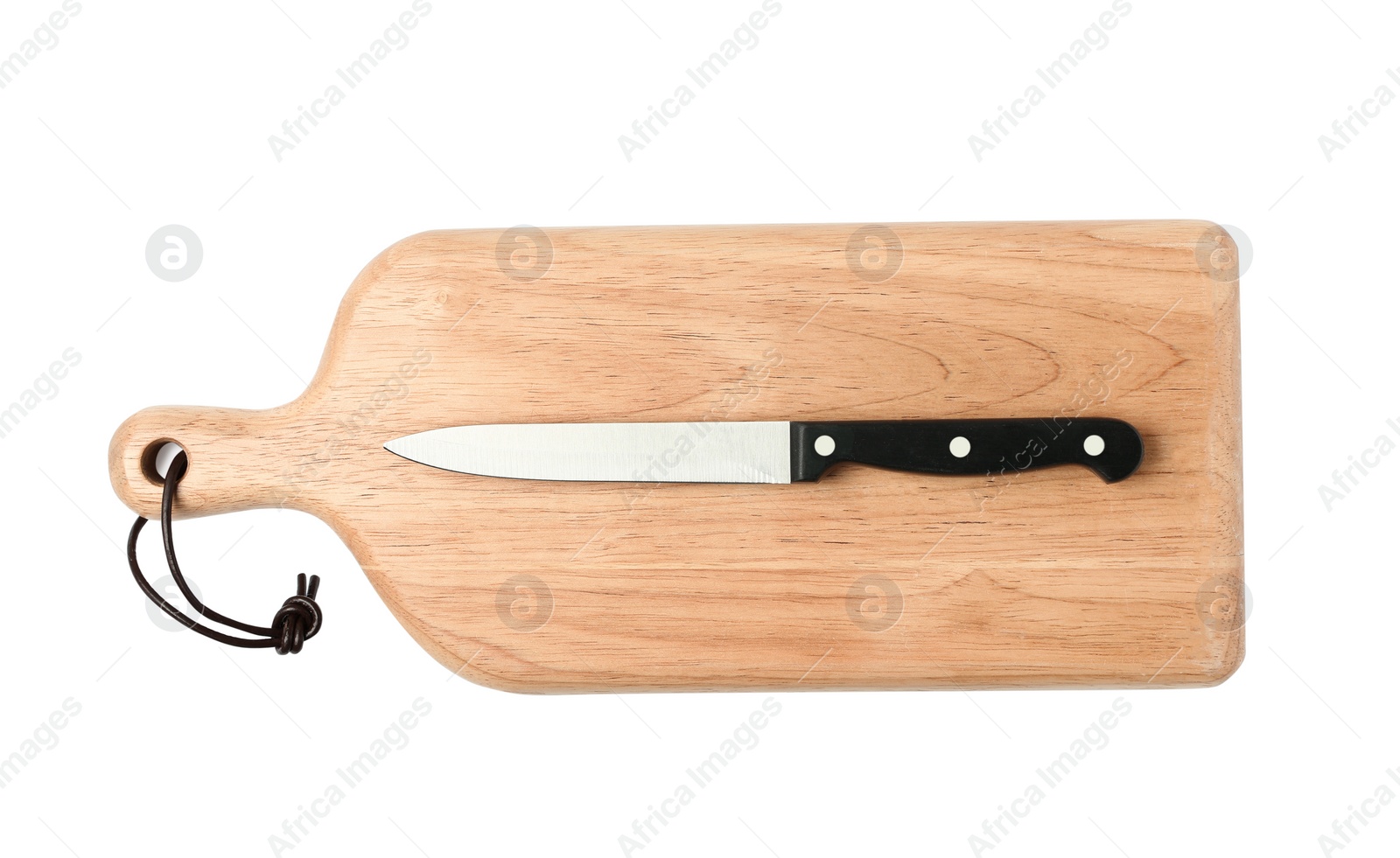 Photo of Utility knife with wooden board isolated on white, top view