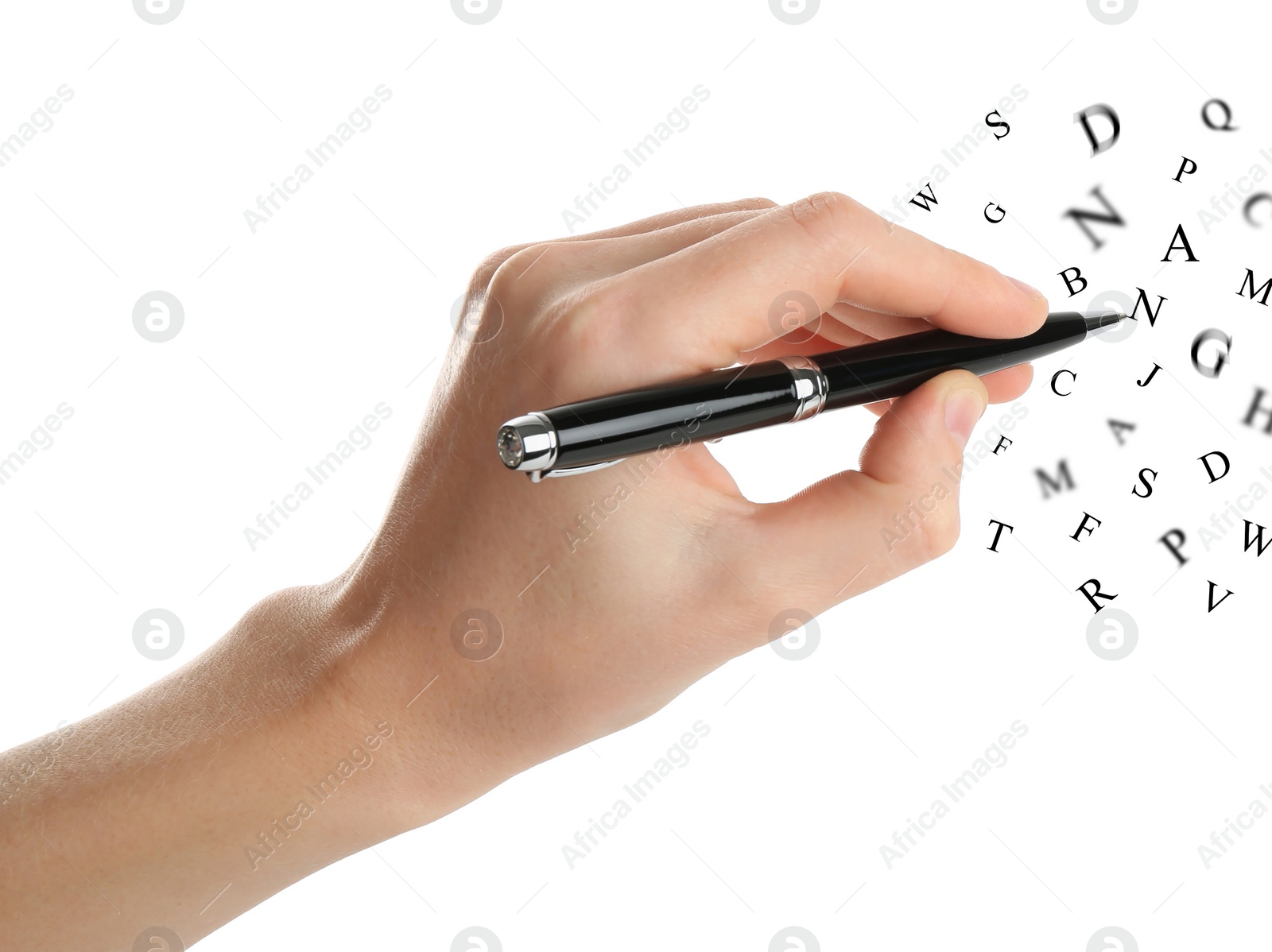 Image of Woman writing letters and they flying away on white background, closeup