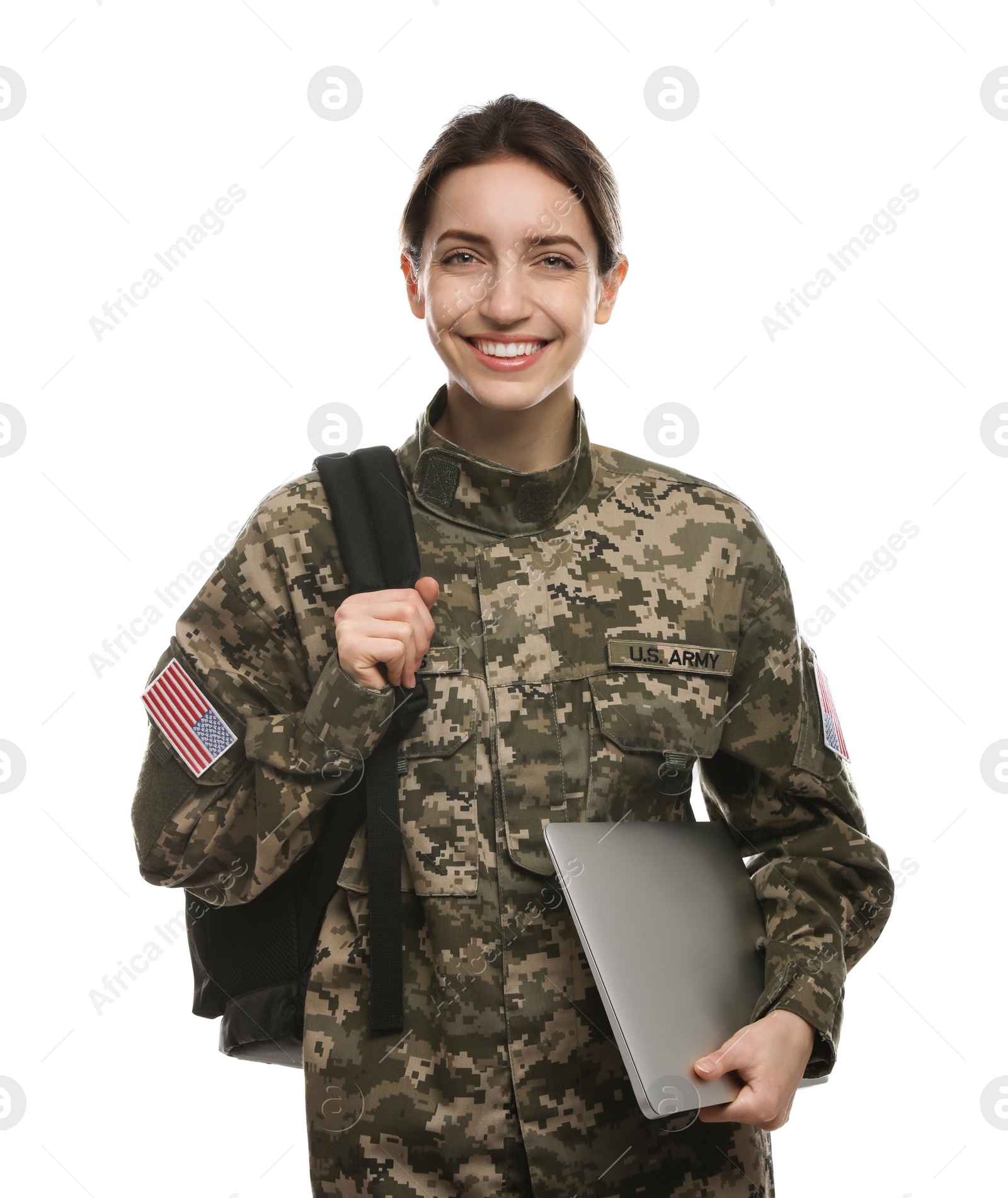 Photo of Female cadet with backpack and laptop isolated on white. Military education