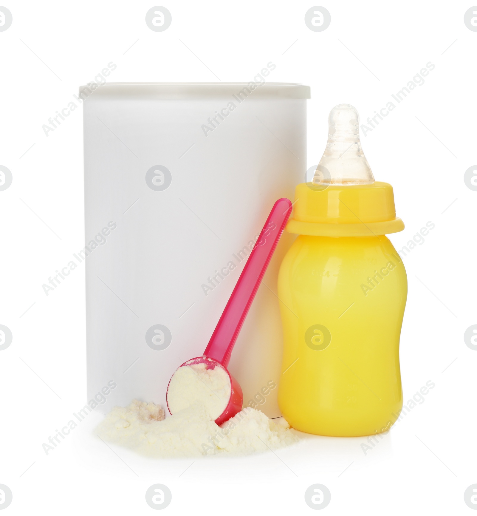 Photo of Blank can of powdered infant formula with feeding bottle and scoop on white background. Baby milk