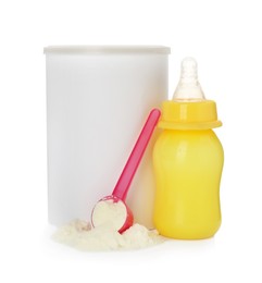 Photo of Blank can of powdered infant formula with feeding bottle and scoop on white background. Baby milk