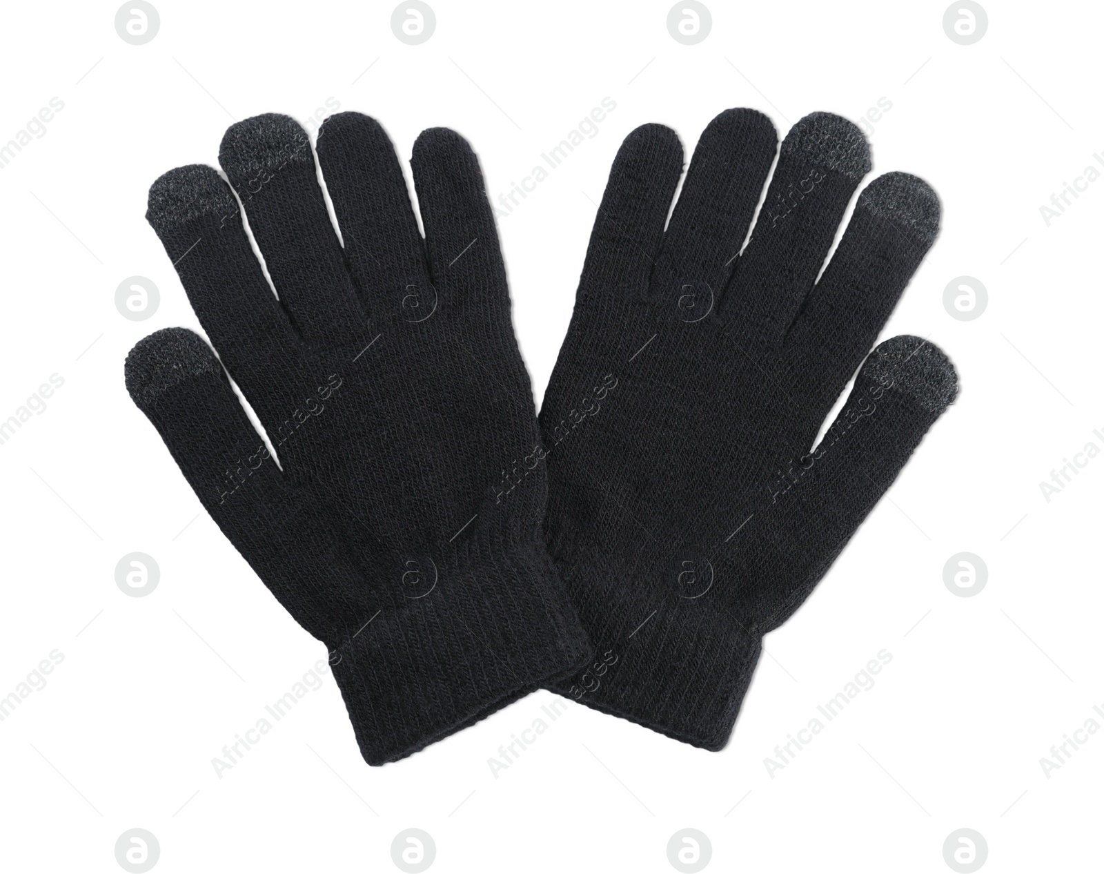 Photo of Black woolen gloves on white background, top view. Winter clothes