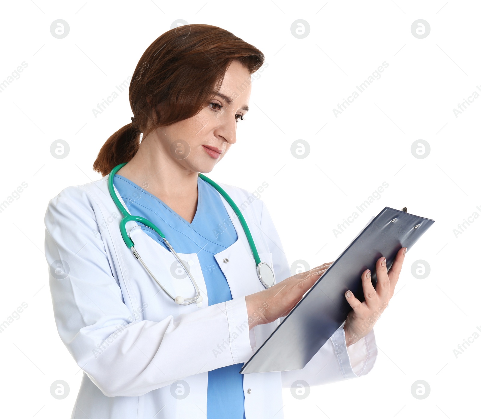 Photo of Portrait of experienced doctor in uniform on white background. Medical service