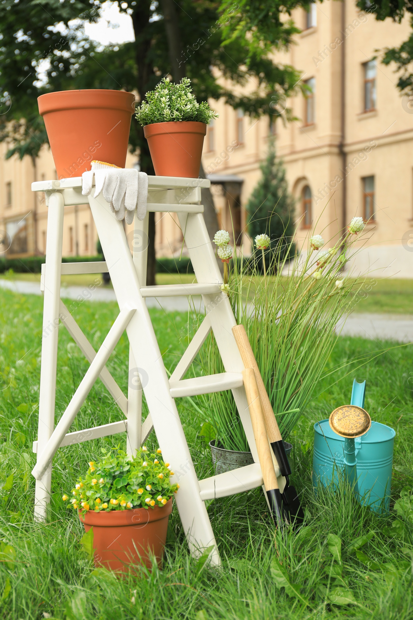 Photo of Composition with gardening tools on green grass