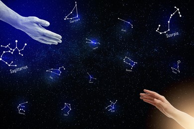 Image of Zodiac compatibility. Man and woman reaching hands to each other and constellations in night sky with stars