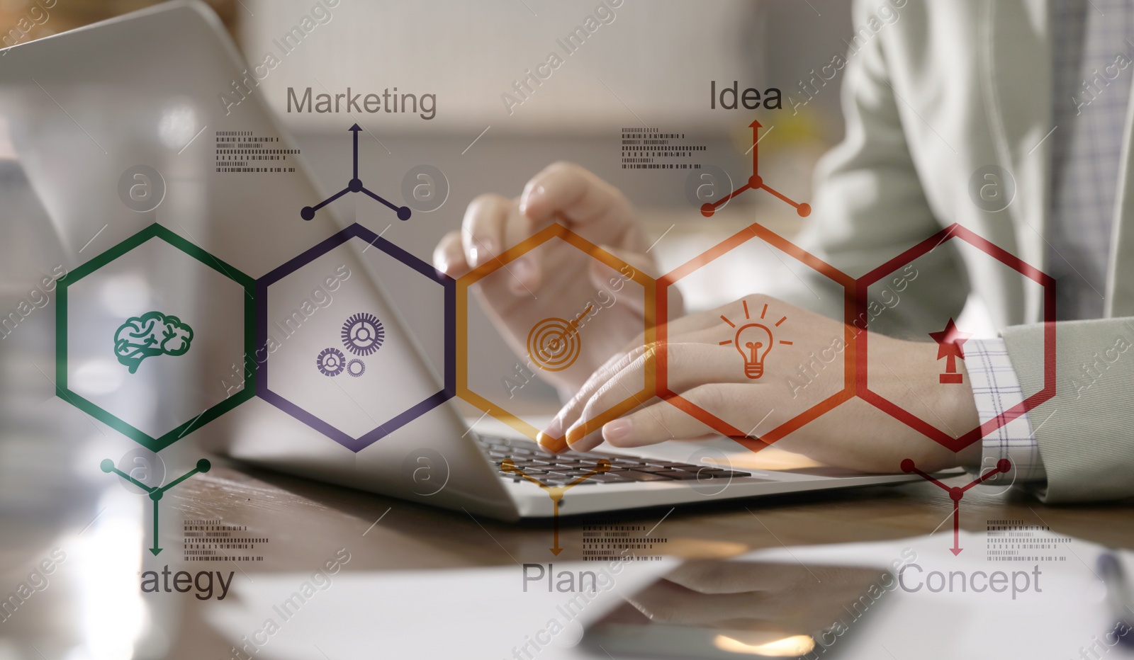 Image of Double exposure of man working on laptop in office and scheme, closeup. Digital marketing concept