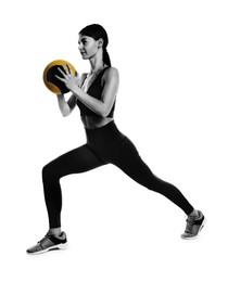 Image of Athletic woman doing exercise with medicine ball isolated on white