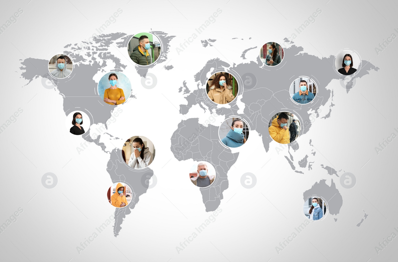 Image of World map and people with medical masks. Spreading of coronavirus