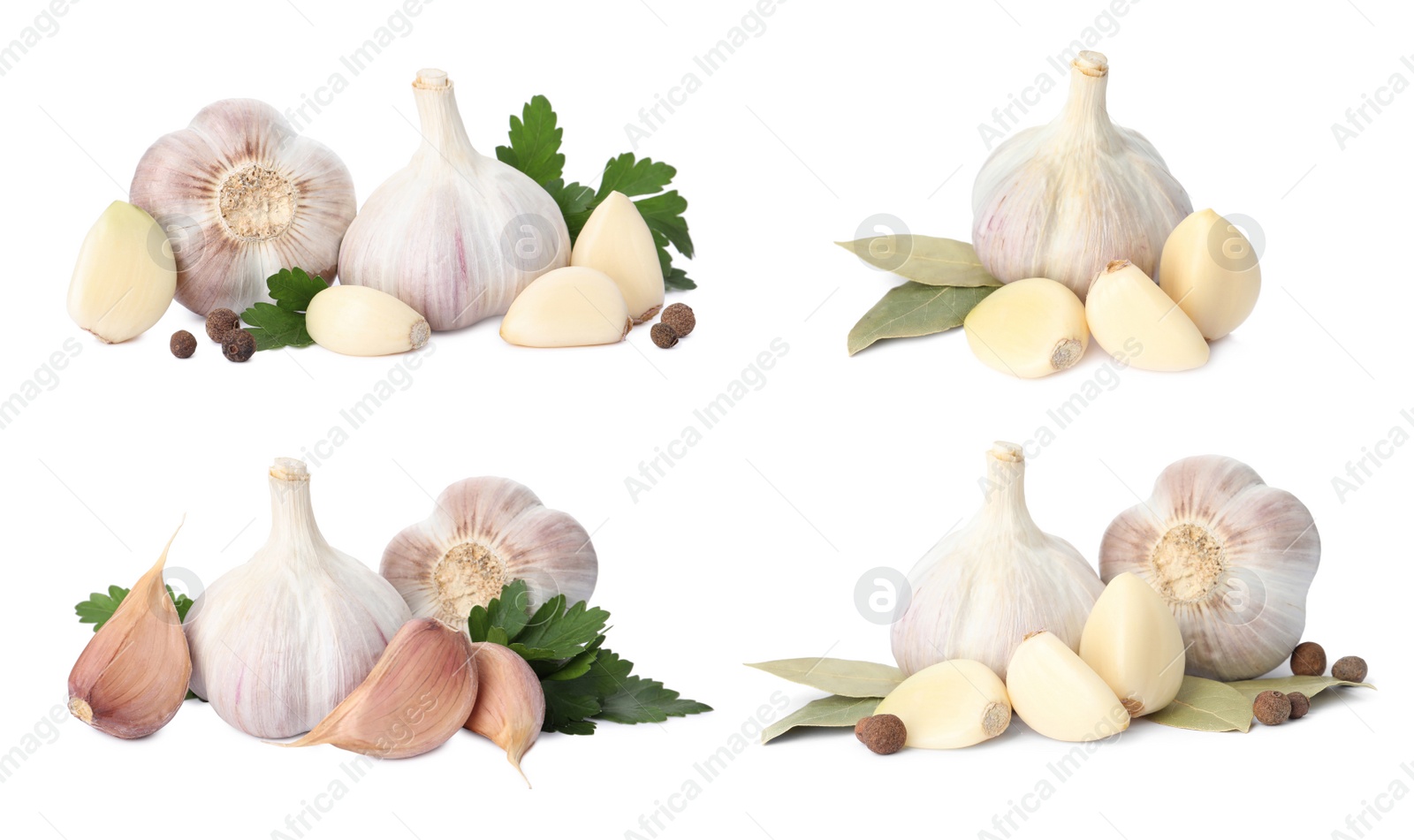 Image of Set with garlic bulbs and cloves on white background