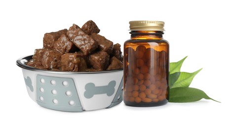 Image of Wet pet food in feeding bowl and bottle with vitamin pills on white background