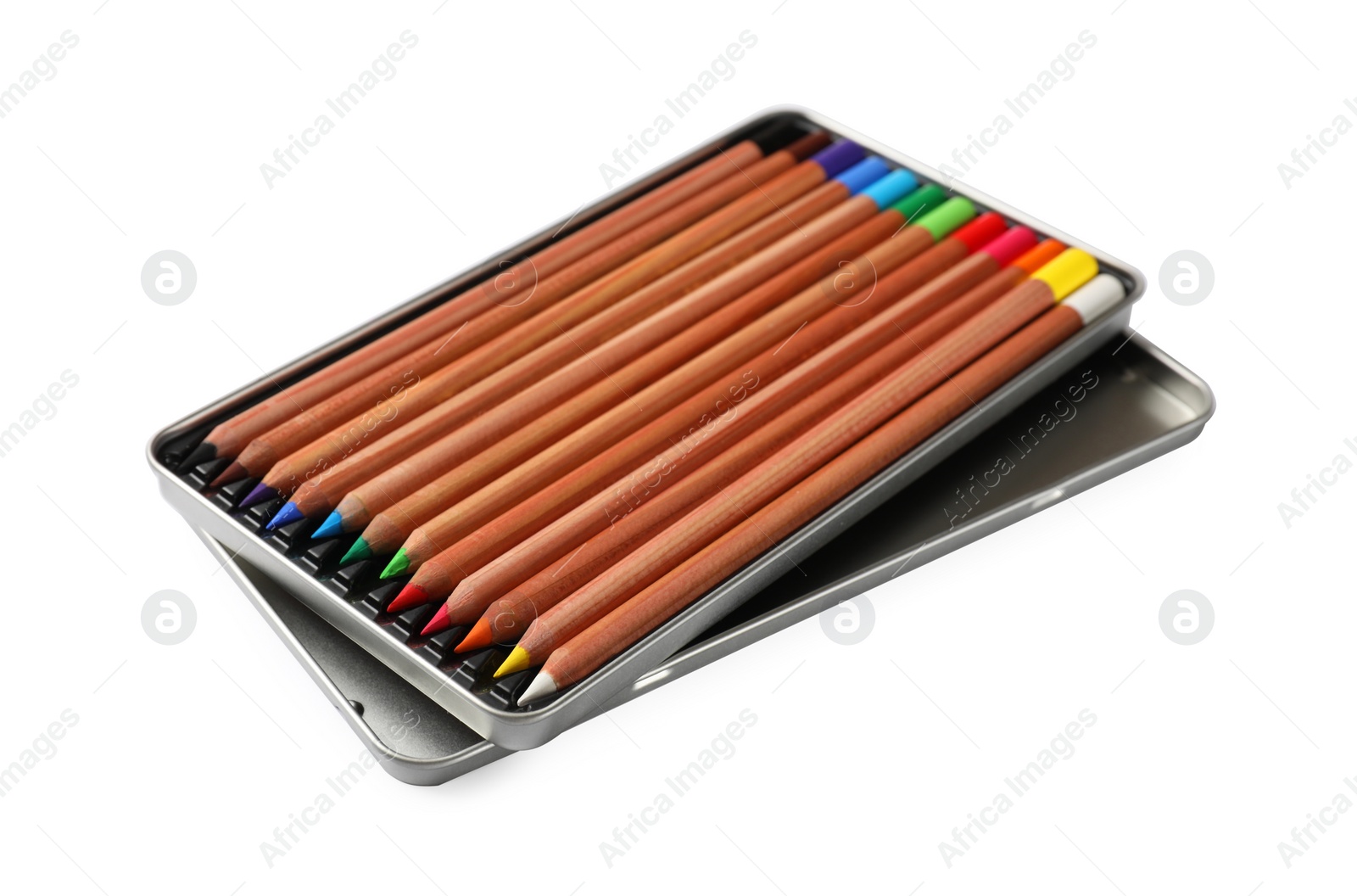 Photo of Box with many colorful pastel pencils isolated on white. Drawing supplies